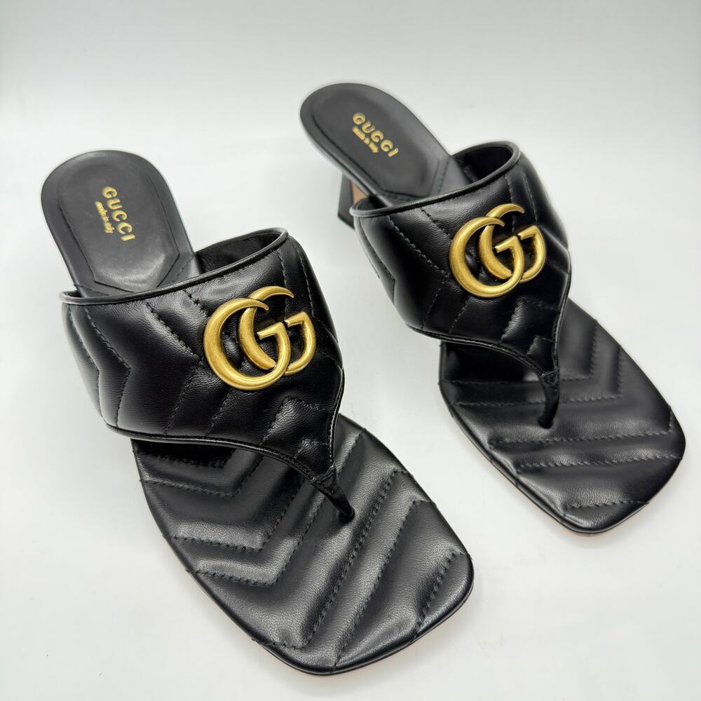 Gucci Marmont GG Padded Chevron Matelasse Leather Thong Sandal Heels EU 39